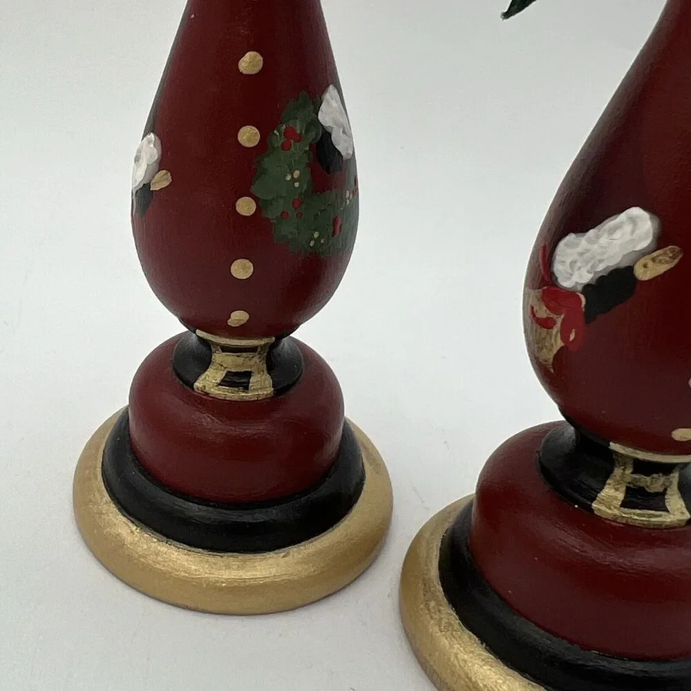 Set 2 Hand Painted Folk Art Wood Candlestick Santa Father Christmas Signed